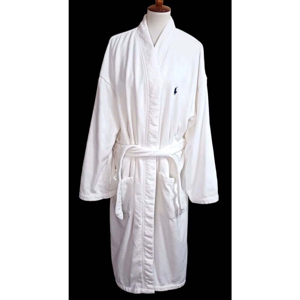 Men’s Polo Ralph Lauren White Terry Velour Robe L/XL Blue Pony Spa Luxury Belted - Picture 2 of 6